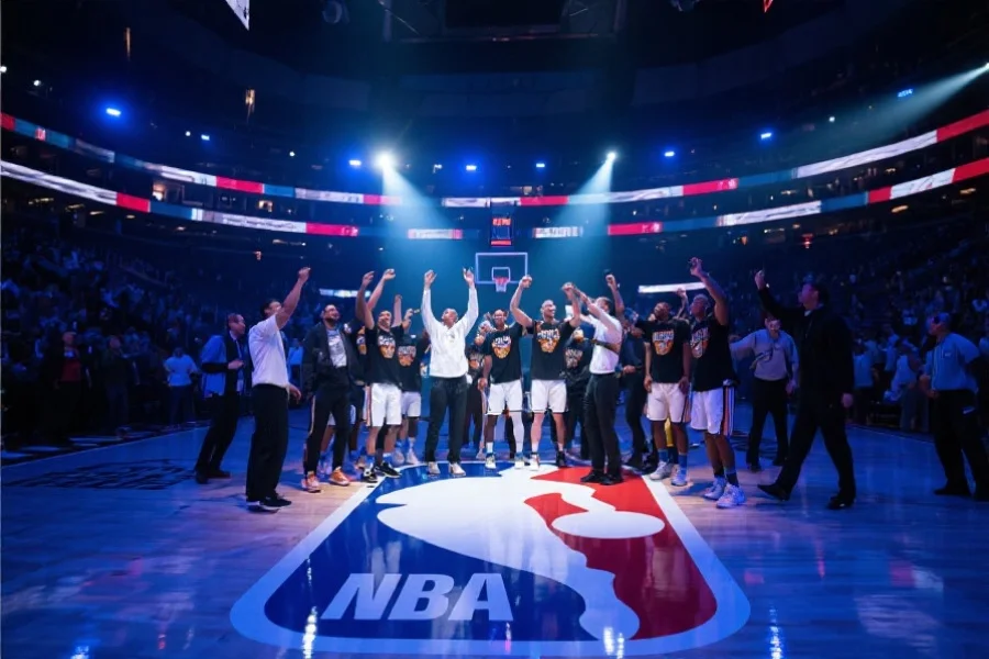 现代化NBA篮球场内，一支球队正在庆祝胜利，全队士气高涨，灯光璀璨